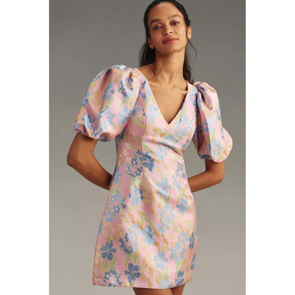 Ieena for Mac Duggal Pink Floral Jacquard Puff Sleeve Mini Dress 49622 Size 4